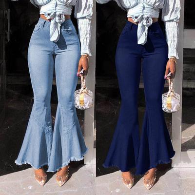 Damen-Jeans mit Splice-Knopf und Reißverschlusstasche, lässige Denim-Schlaghose mit weitem Bein