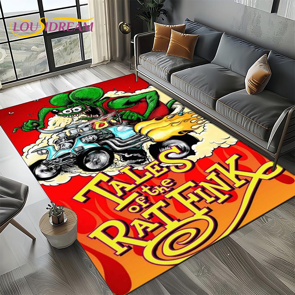 RF Funny Rat Fink Cartoon Motorcycle Sign Carpet Rug for Living Room Bedroom Home Sofa Decoration,Area Rug Non-slip Floor Mat