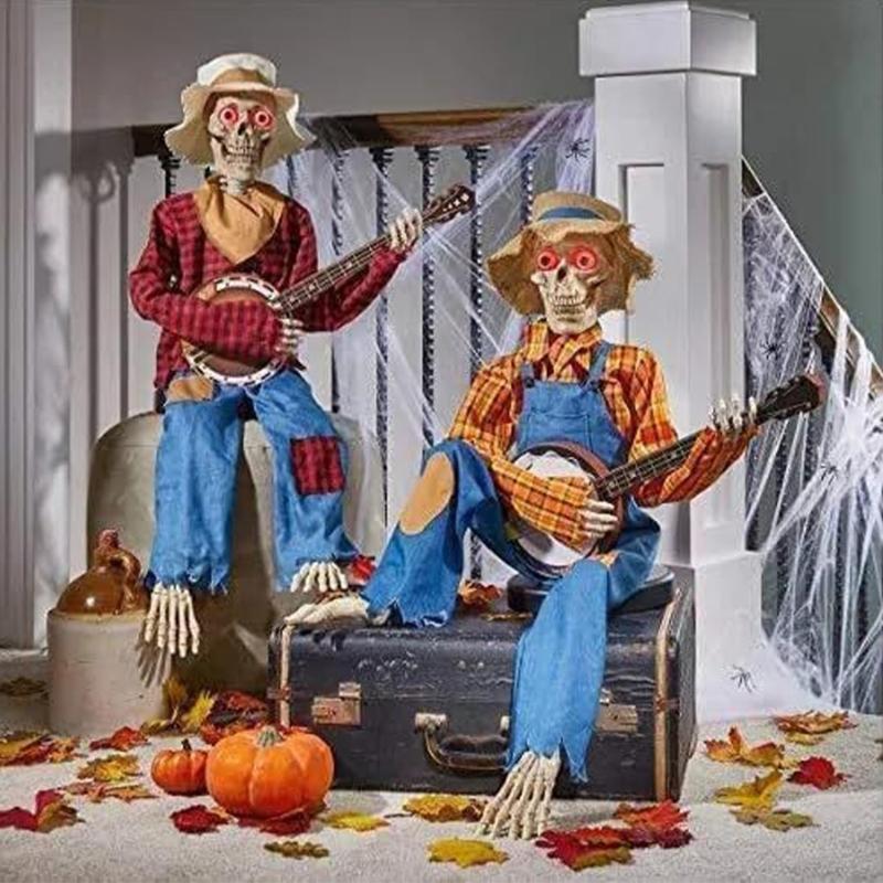 Halloween Banjo Playing Skeletons Decorations Outdoor/Indoor Halloween Party Decors Animated Skull with Light Up eye