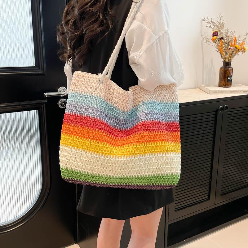 Casual Beach Handbag Strip Weave Bag Large Capacity Lazy Style Rainbow Beach Bag Bohemian Style Hollow Tote Bag Streetwear CLE