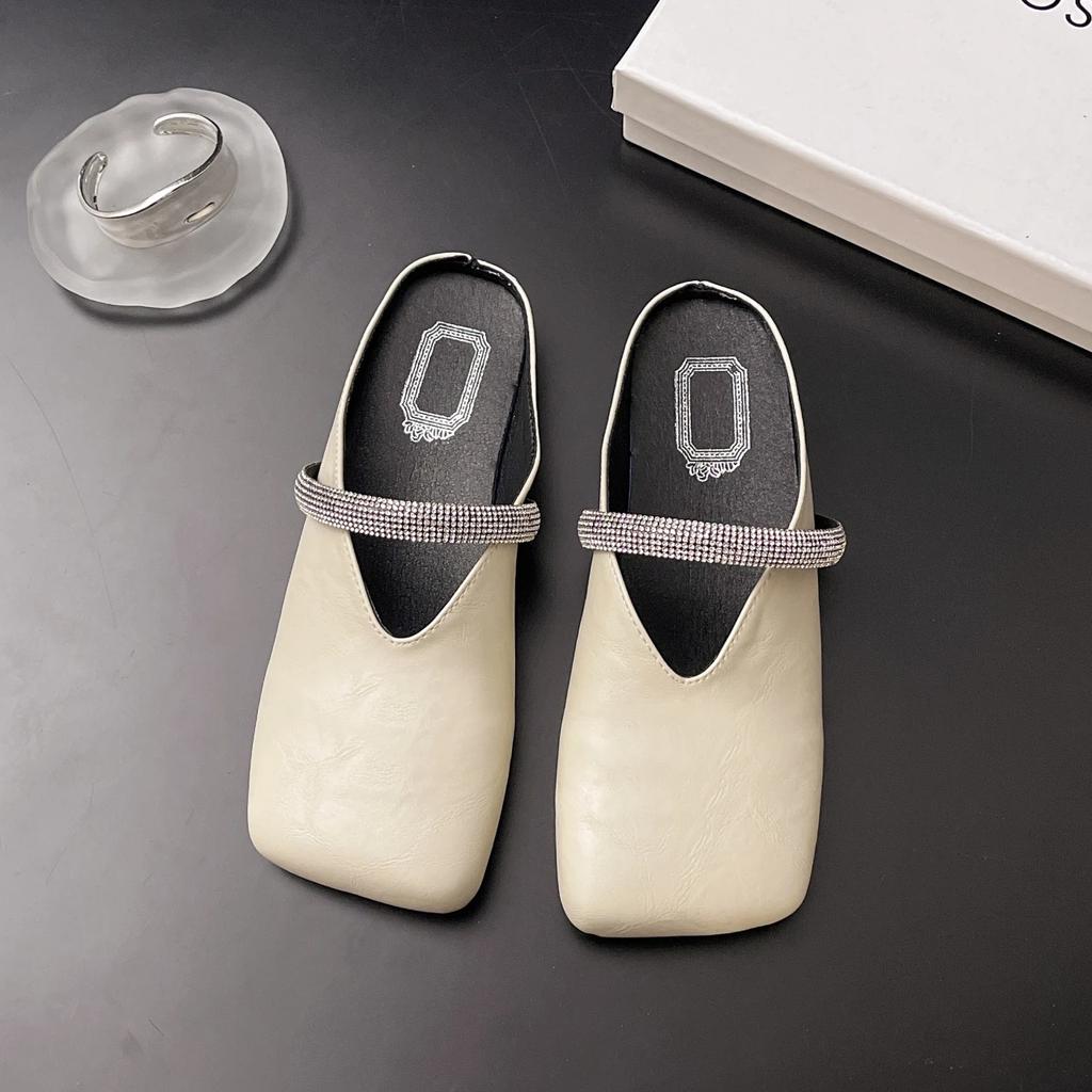 Fashion Bowknot Pearl Flat Bottom Baotou Half Slippers Women New Summer Shallow Mouth Mary Jane Single Shoes Casual Slides