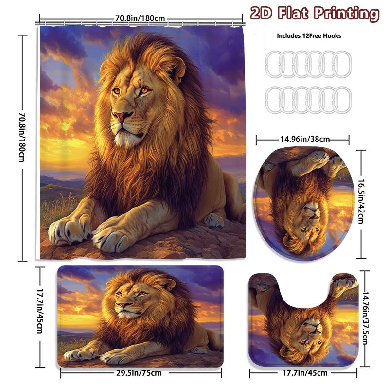 4Pcs Lion Shower Curtain Set with Non-Slip Bath Mat, Toilet Lid Cover, Contour Rug & 12 Hooks, Bathroom Decor