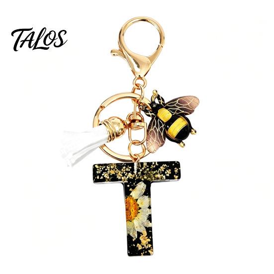 Talos Black Series Keychain Pendant, Dried Flower Initial Letter Charm Key Chain with Bee Tassel Design, A-Z Holder for Bag Purse Backpack