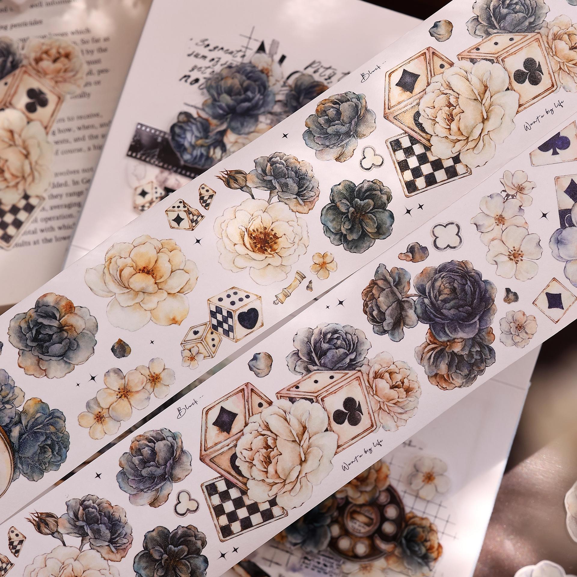 

4.9 New Washi PET tape Roll [Black and White Yimeng] Retro Rose Black and White Flower Journaling Supplies Xiao Bai Jia 60mmx6m