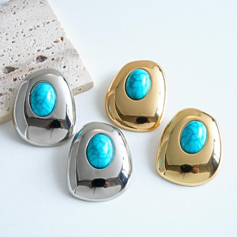 Women's Vintage Turquoise Ear Studs 14K Gold Plated Stainless Steel Non-Fading Oval Earrings for Daily Outings