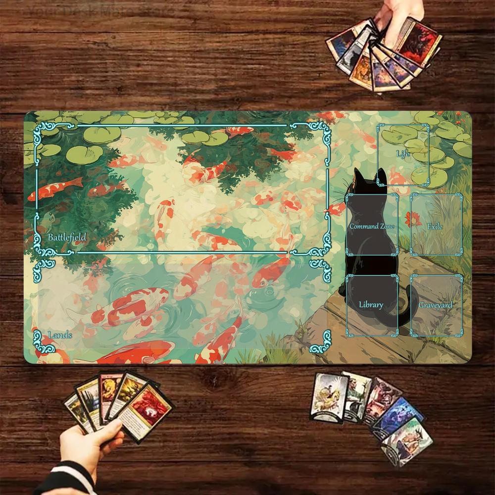 Magic Card Playmat With Zone Cartoonstyle Black Cat Koi Mtg Playmat Gathering Gaming Mats Desk Mat Commander Battle Playmat