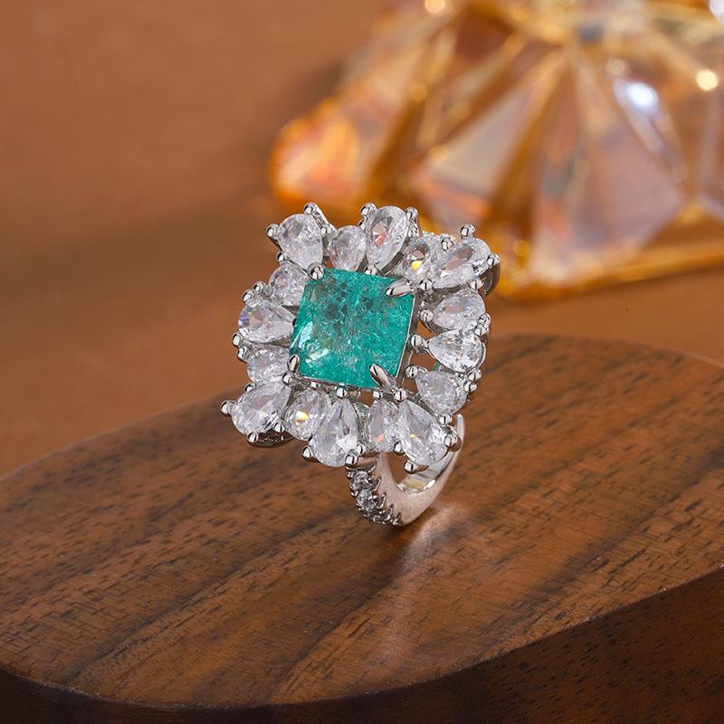 Copper Fashion Imitation Paraiba Diamond Set Geometric Love Opening Ring Lady Party Birthday Wedding Jewelry Gift