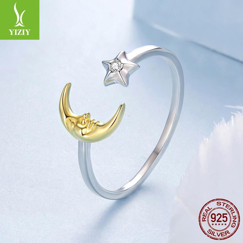 Shining Star And Moon Open Ring Women'S Niche Light Luxury S925 Sterling Silver Ring Jewelry