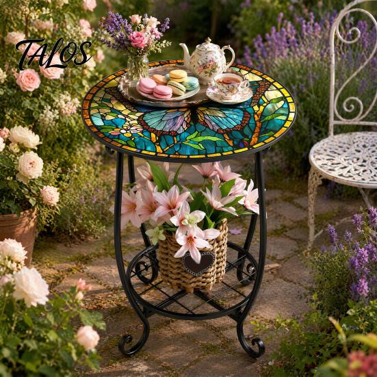 Mesa Lateral Externa Talos, Redonda Pequena Mosaico Pássaro Borboleta Acento de Pátio, Mesa de Apoio para Plantas Café Chá Interna para Quintal Varanda Jardim Sala de Estar, Quarto