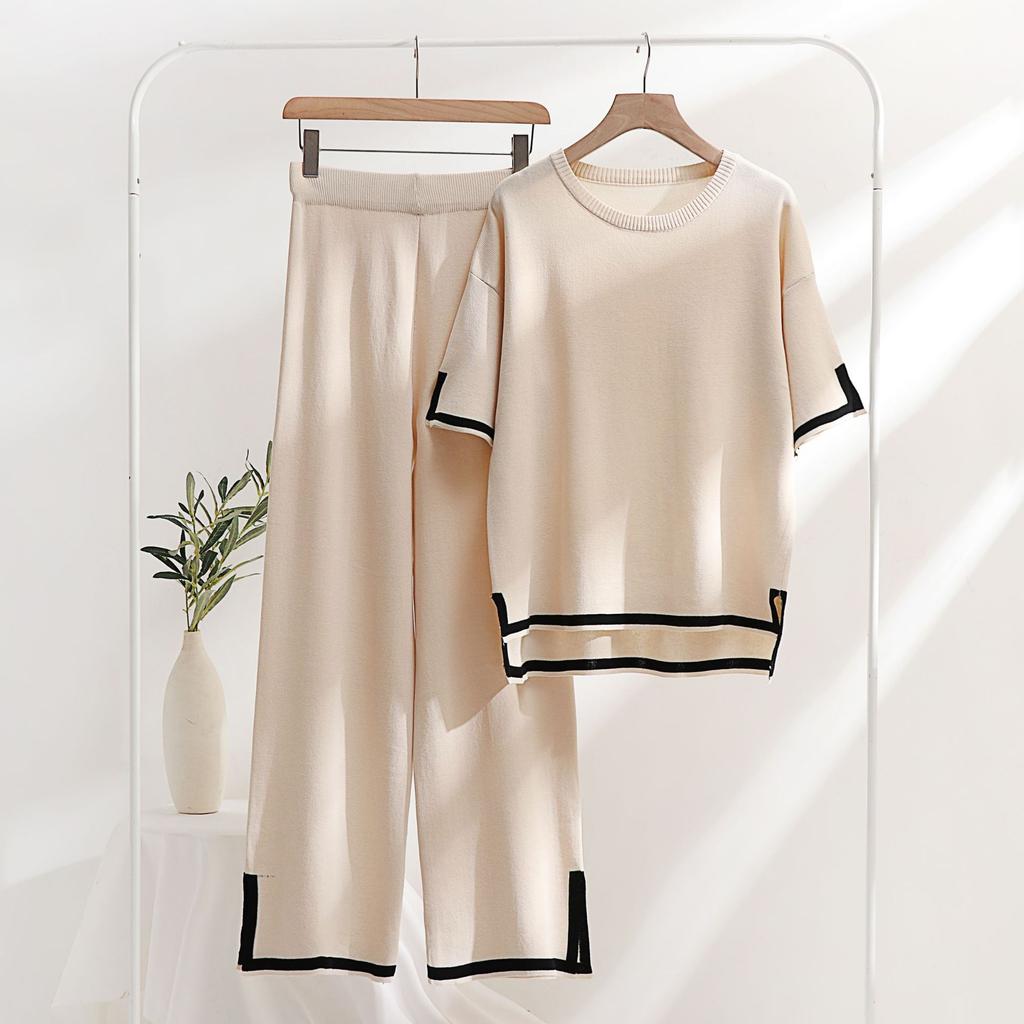Ice Silk Knitted Suit Women's Suit Spring and Summer Two-piece Set Short-sleeved Splicing Casual and Thin Fashion