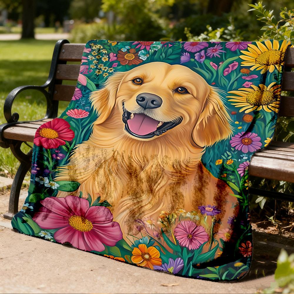 1pc Golden Retriever Floral Throw Blanket Polyester Fiber, Lightweight Flannel, Soft & Warm, All Season Use for Outdoor, Camping