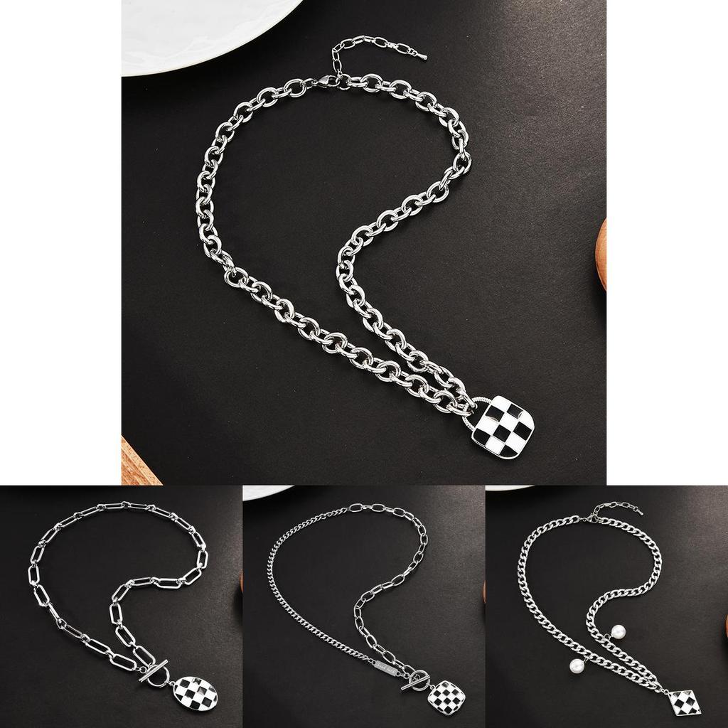 Heart Trendy Shape Titanium Steel Necklace Featuring Stylish Black And White Checkerboard Design