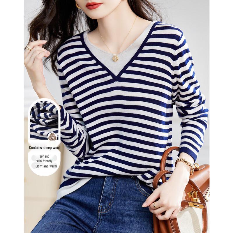 

Demana Women s Color-Block Striped V-Neck Knit Sweater L