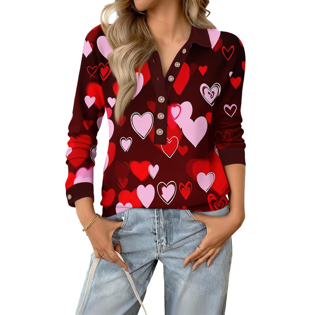Damen Retro Street Lässiger V-Ausschnitt Langarm Knopf Valentinstag Herz Pullover Top
