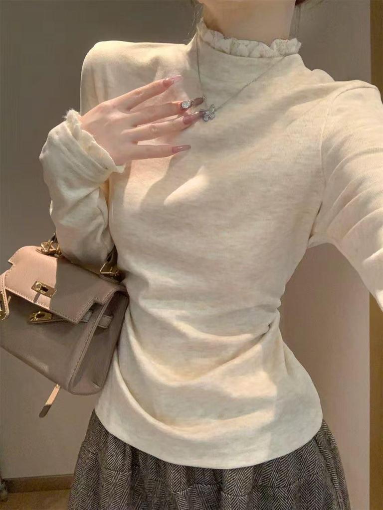 Korean Lace Trim Half-High Neck Long Sleeve Women's T-shirt: Slimming, Chic, Versatile Base Layer