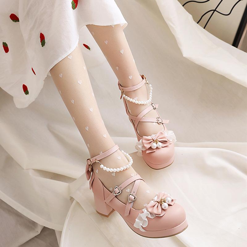 Original Princess Yana LO Lolita Shoes Large Size Bow Student Pearl Round Head Thick Heel Fairy Single Shoes