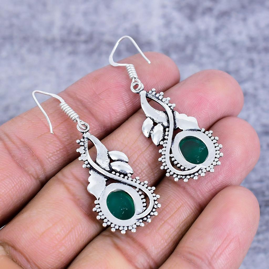 Green Onyx Gemstone Handmade 925 Sterling Silver Jewelry Earring 1.97" M-2694