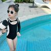 2025 Color Block Girls' Long Sleeve One-Piece Swimsuit, Black, Sizes S-L, with Zipper