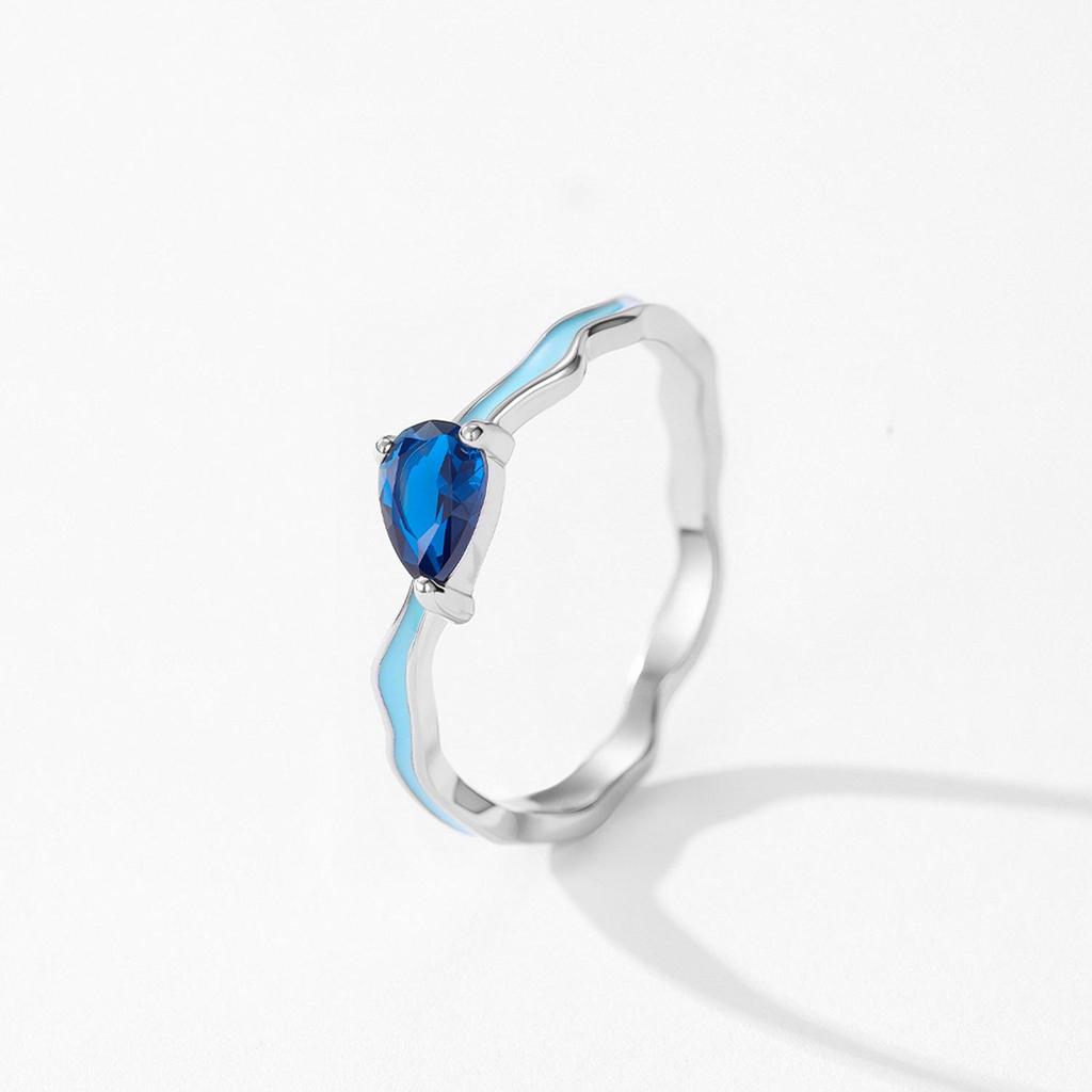 Women's Retro S925 Silver Sapphire Teardrop Ring: Luxury Blue Enamel Geometric Design for Index Finger