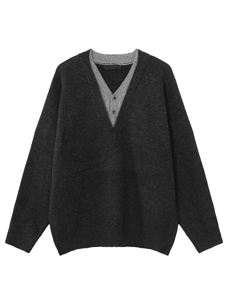 Korean Style Men's V-Neck Knit Sweater: Versatile Fake Two-Piece for Autumn/Winter