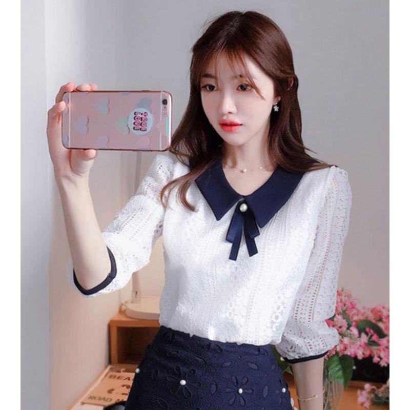 Doll Collar Lace Bottoming Shirt Women's Long-sleeved Spring and Summer Korean Chiffon Shirt Women's Bow Tie Slim Shirt Top