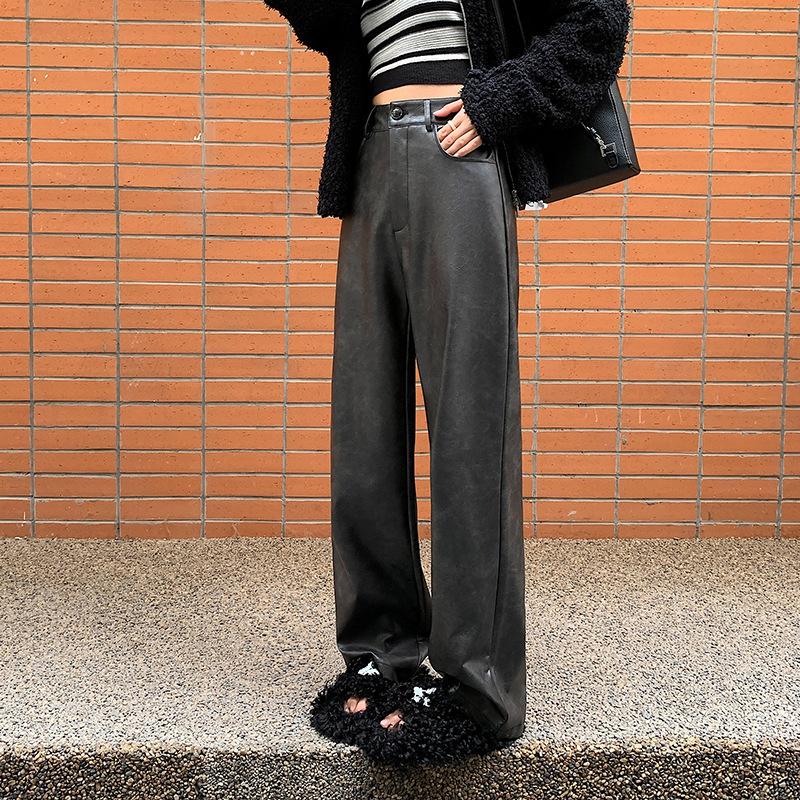 Leather Pants Women's New Coffee-colored Straight and Thin Casual Leather Pants Leather Personalized Loose Wide-leg Pants Children's Autumn and Winter