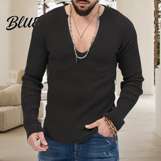 Men Knitted Cotton Sleeves Solid V Neck Knit Deep Blend Sweater Ribbed Long Color Slim