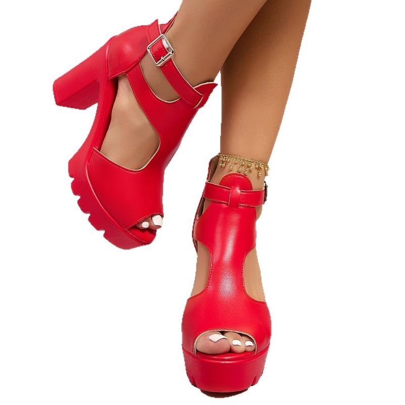Large Size Buckle with Thick Heel Fish Mouth Sandals Women's Shoes Summer New Waterproof Table Hollow Open-toed High Heels