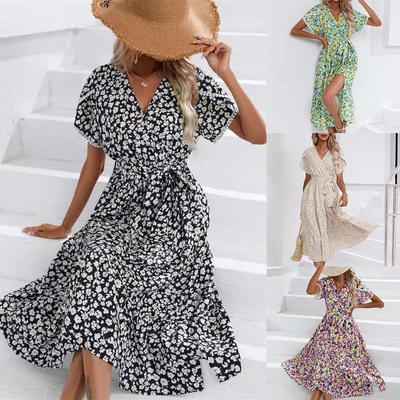 V-Neck Short Sleeve Floral Summer Clothing Dress Long Skirt