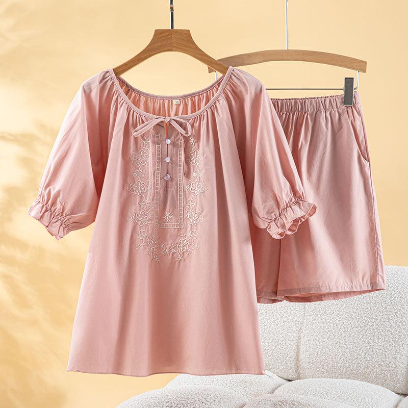 1011 summer new embroidered short-sleeved shorts thin tencel cotton pajamas women can wear loungewear