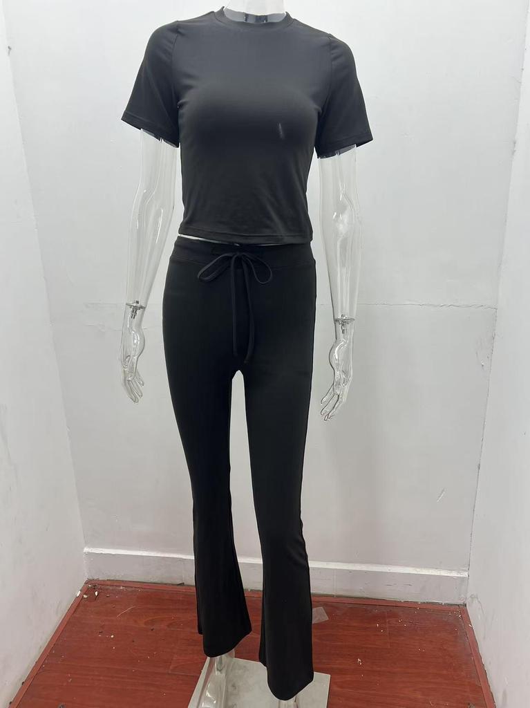 2025 Women's European & American Solid Color Round Neck Casual Fashion Set - Short Sleeve Top & Long Pants for Spring/Summer