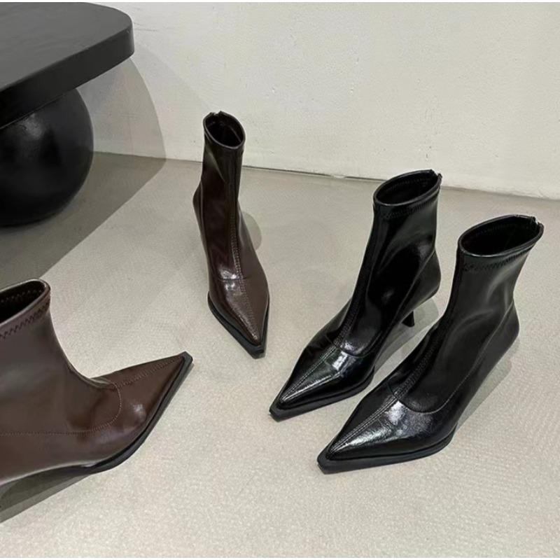 Fashion Women's Sexy Pointed Toe Ankle Boots Vintage Autumn New Fashion High Heels Patent Leather Skinny Boots Women Brown Short Booties