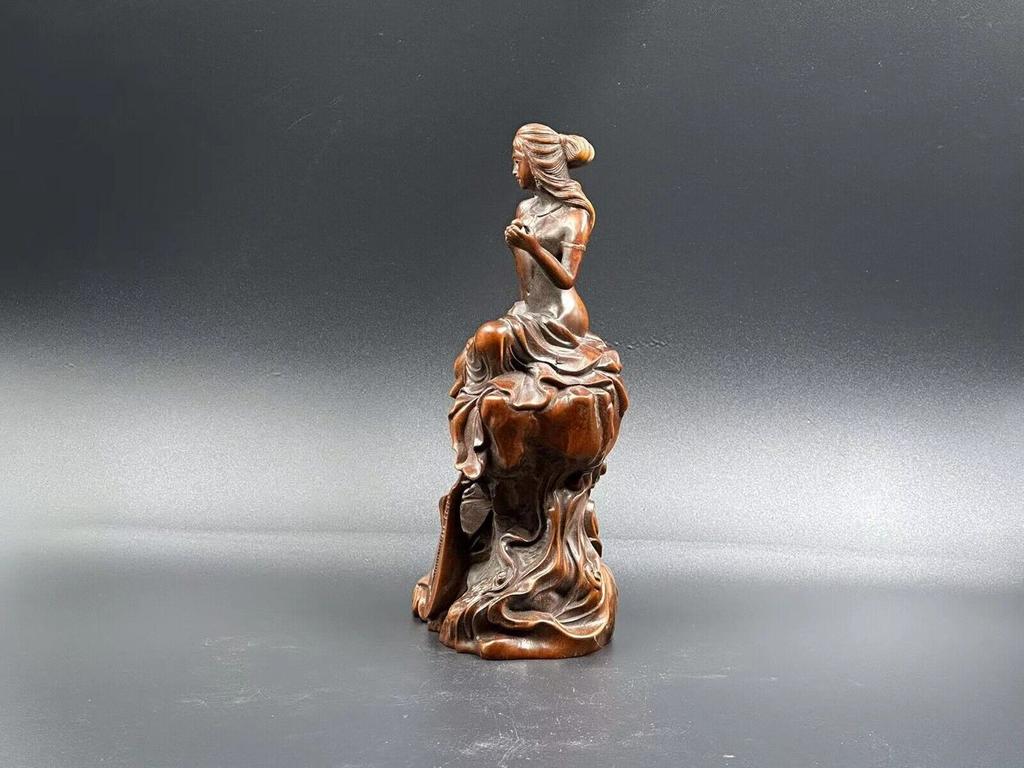 Chinese Antique Boxwood Carved Pipa Beautiful Woman Statue Sculpture Home Decor
