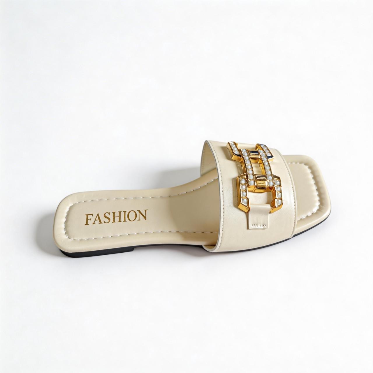Women s Elegant Summer Square Toe Flat Open Toe Slippers Best Selling Metal Decoration Comfortable Casual Slippers 35