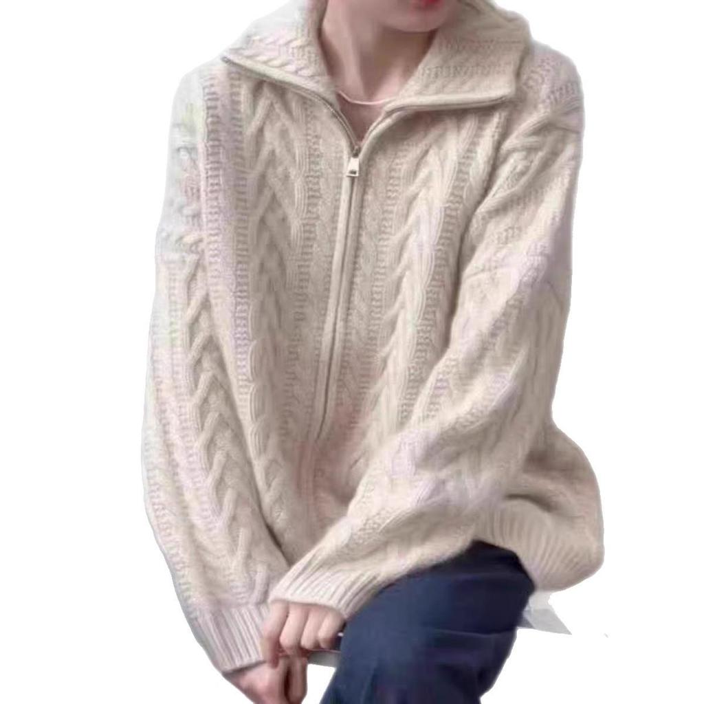 Women's Fall/Winter Cable Knit Zipper Cardigan - Lazy Style Fashion with Lapel