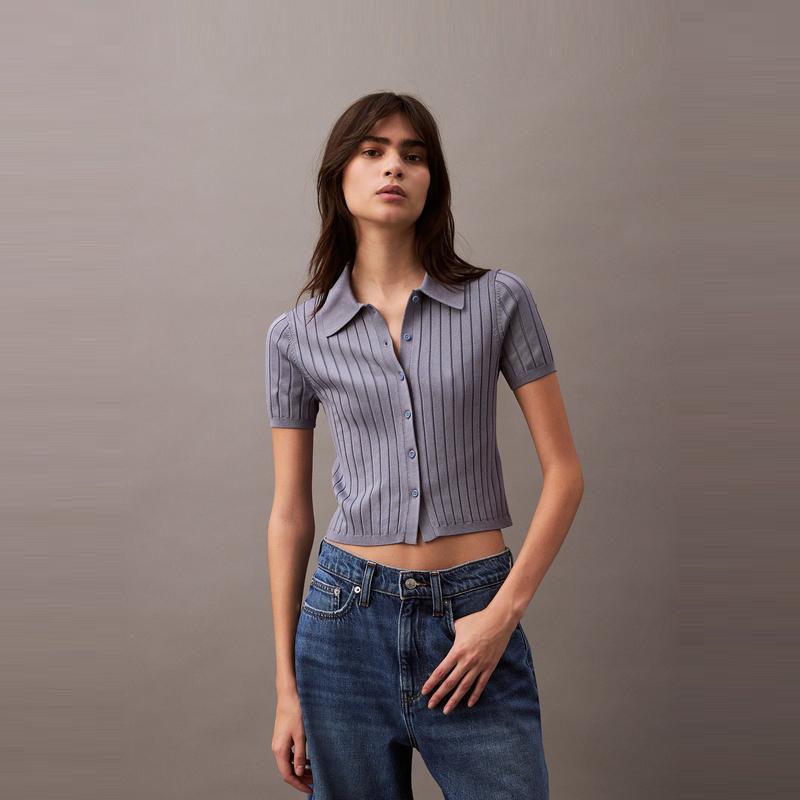 Calvin Klein Casual Striped Texture Polo Short Sleeve Knit Top Women tops Dark-Blue 47AB304-RLW
