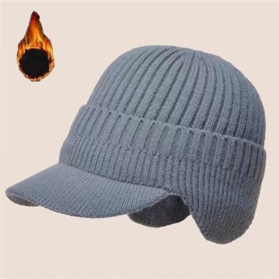 Men Knitted Hat Extended Brim Ear Protection Solid Color Knitting Hat Thickened Plush Lining Winter Warm Hat