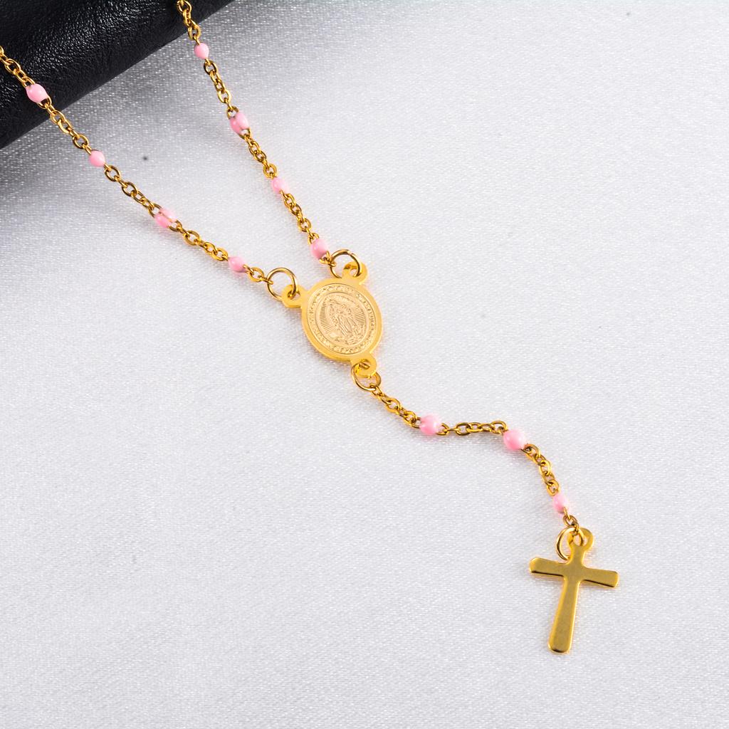Jesus Stainless Steel Cross Rosary Christian Catholic Religious Width 1.5mm Enamel Satellite Bead Cable Link Chain Necklace