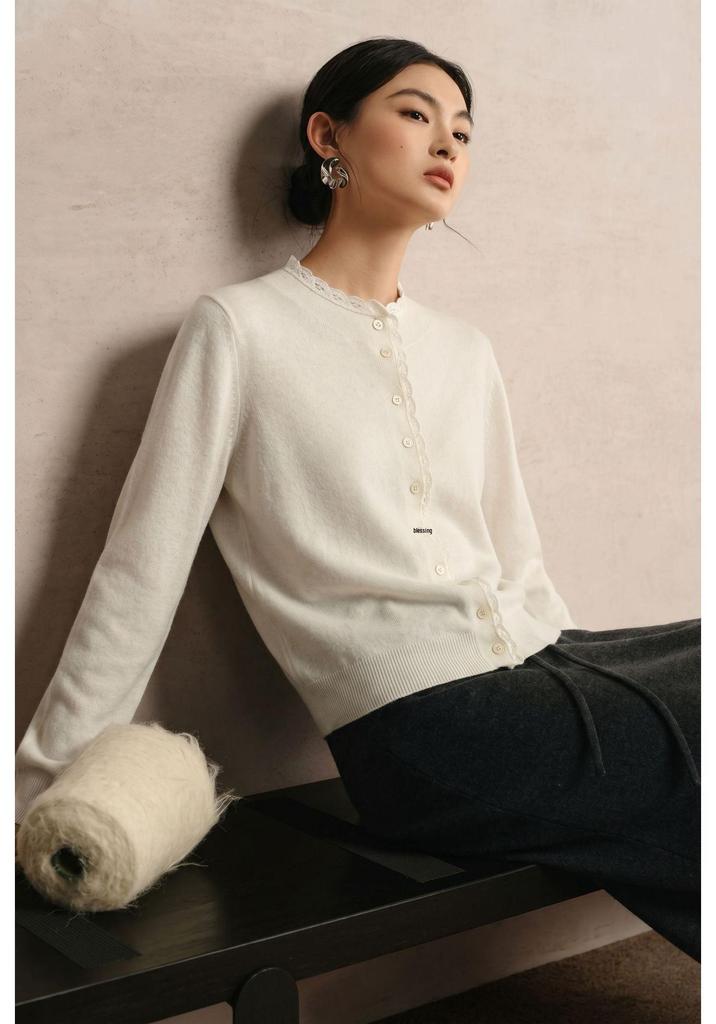 Pure Wool Women's Lace Trim Cardigan Sweater - Autumn/Winter Collection
