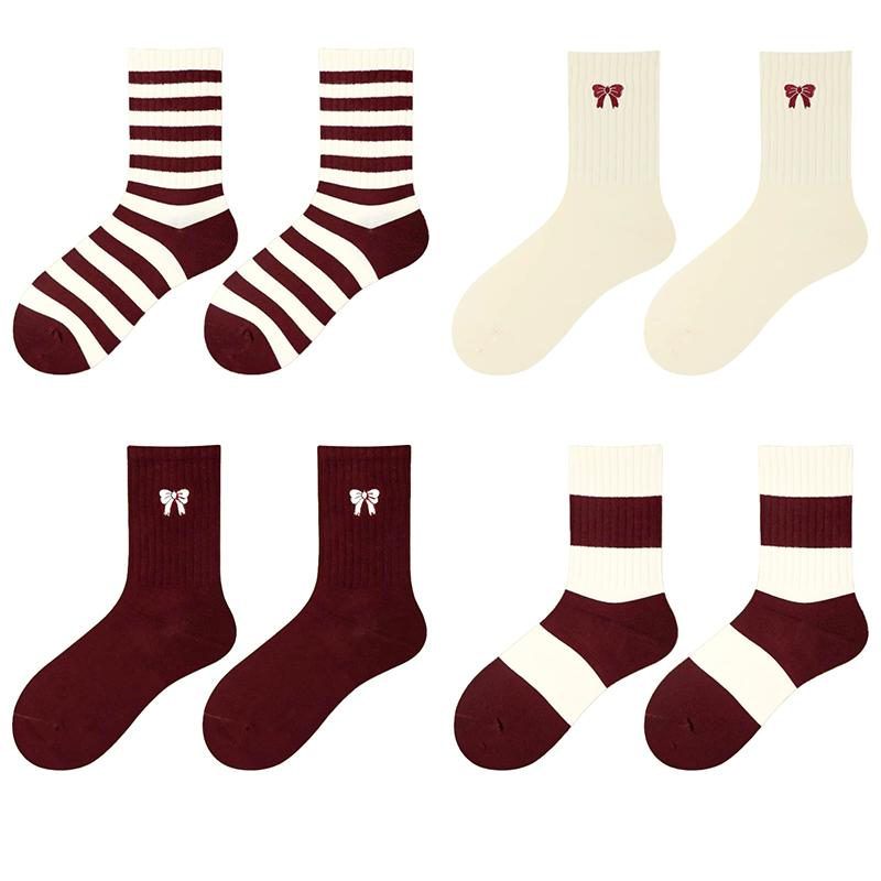 Ancora Women's Mid Tube Pure Cotton Socks Korean Style Bow Embroidery  Warm Breathable Festive New Year Girls Socks