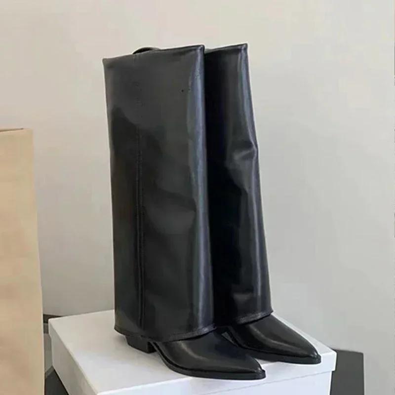 Kniehohe Stiefel mit hohen Absätzen Damenstiefel Leder Klobige Modeschuhe Spitzschuh Schnee Lange Stiefel Neue Designerpumps