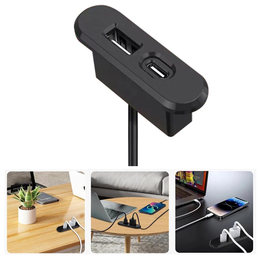 Table Hidden Power Sockets USB+Type-C Outlet Embedded Power Bedside Table Office Desktop with 1.2M Extension Cord Black Socket
