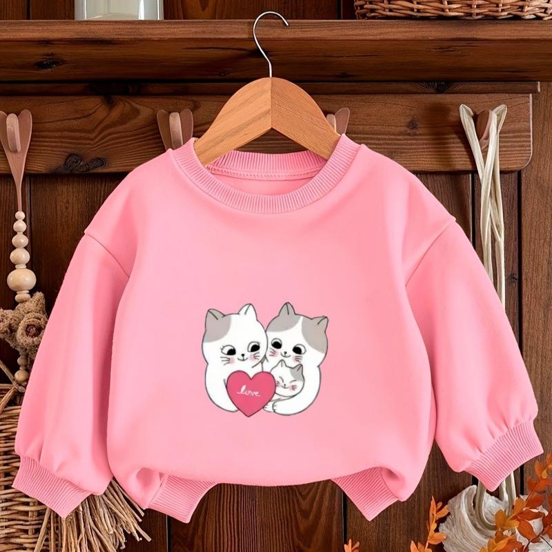 Kids Crewneck Sweatshirt, Cartoon Family of Three Kittens Graphic Print, Spring Autumn Casual Tops