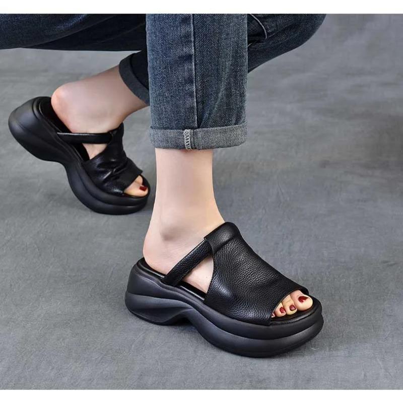Johnature Genuine Leather Retro Thick Soled Peep Toe Outdoor Slippers Versatile Women's Slip-on Shoes