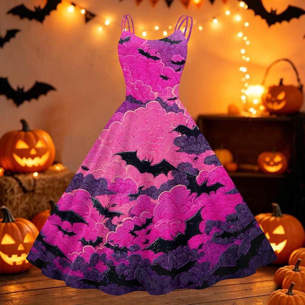 Women Halloween Printed Off Shoulder Punk Vintage Dress Sleeveless Spaghetti Strap A-Line Midi Dress
