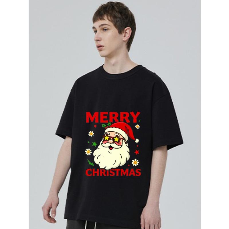 

Christmas T-Shirt Black Santa Claus with Sunglasses and Stars Merry Christmas Print for Holiday Party XXXXL чёрный