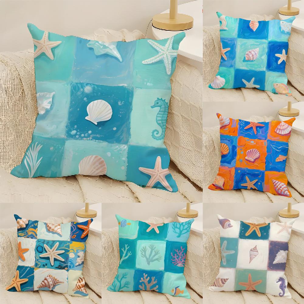 Marine Starfish Marine life Pillow Case Cotton Linen Fabric Square Zipper Pillowcase Home Decorative Living Room