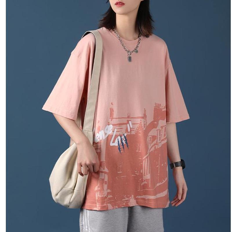 

Летняя корейская версия, трендовая уличная спортивная, персонализированная модная футболка с круглым вырезом, принтом, свободного кроя, повседневная, универсальная, с коротким рукавом L розовый