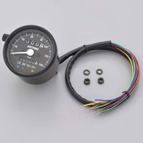 Mechanický rychloměr Daytona Motocykl Černé tělo/Černý panel/Bílá LED 60 Displej 140 km/h s indikátorem 15626