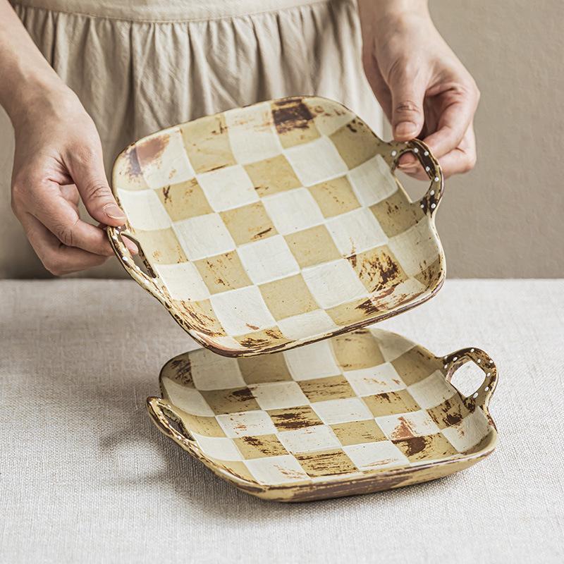 Checkerboard Binaural Plate Coarse Pottery Plate Practical Portable Plate Minimalist Tableware Plate Household Vegetable Plate Salad Plate